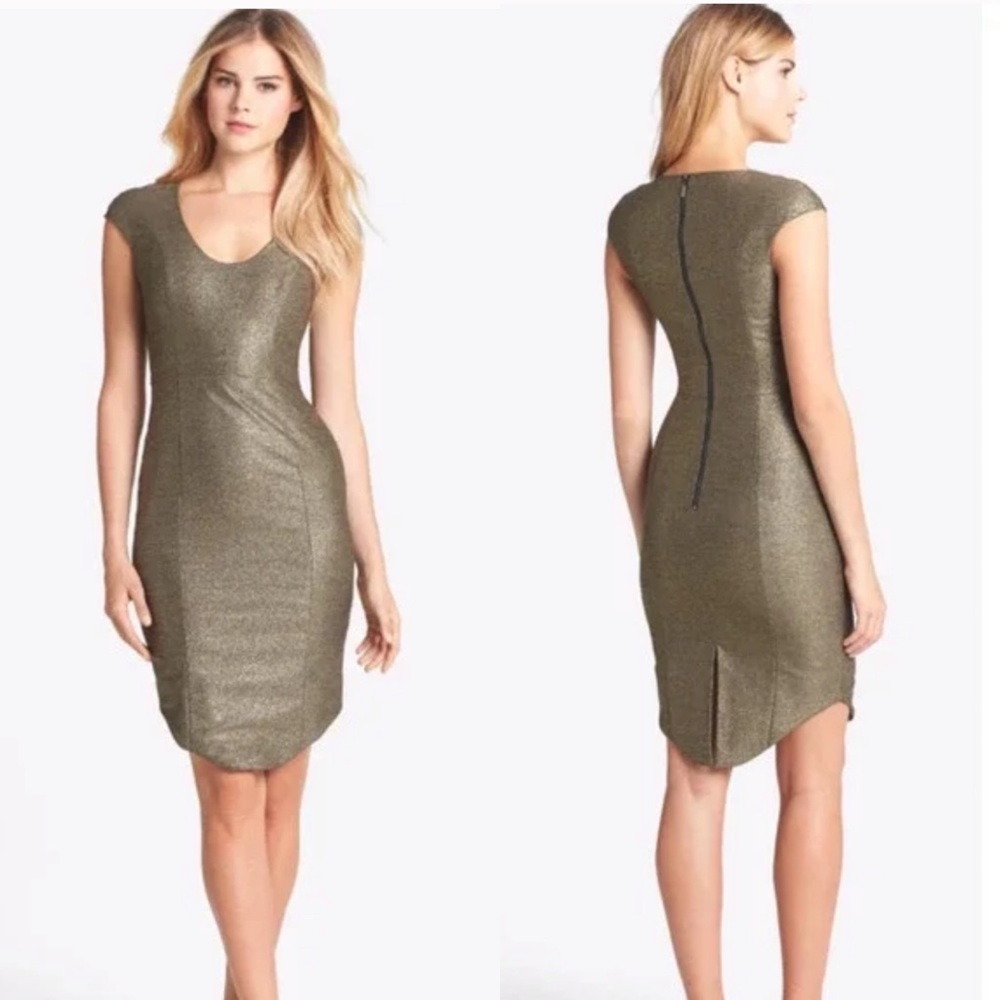 BLACK HALO Metallic Black Gold Sheath Dress 10